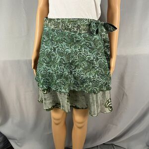 Womens Wrap Skirt Green Paisley Tiered Flowy Bohemian Hippie Magic Festival OS